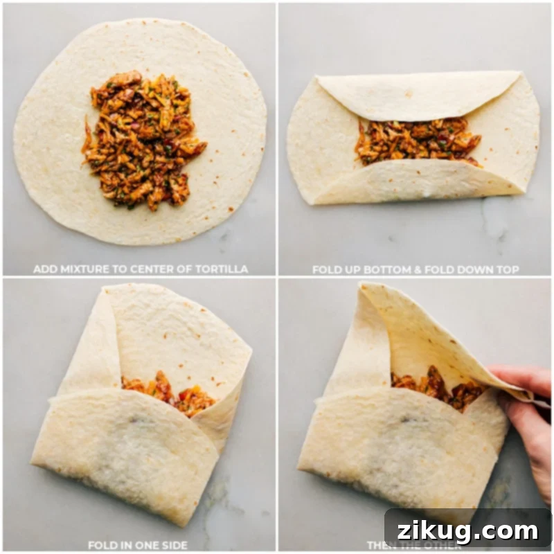 Learn the simple steps to perfectly fold your BBQ Chicken Wraps. Process shots demonstrating how to neatly fold the BBQ Chicken Wraps into a tight packet.