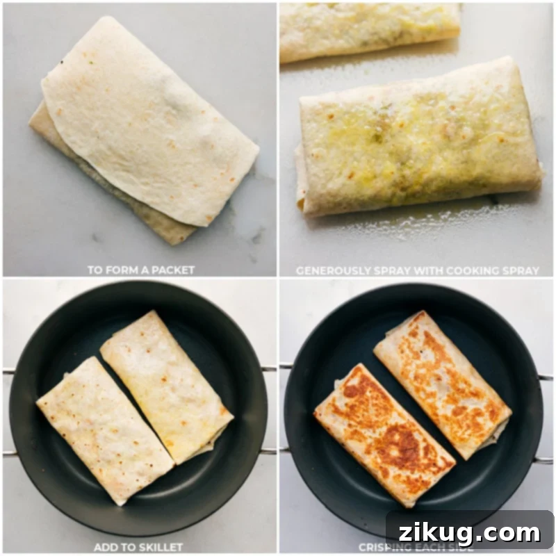 Achieve the perfect golden-brown crisp on your BBQ Chicken Wraps in a skillet. Process shots of BBQ Chicken Wraps being cooked in a hot skillet until golden and crispy.