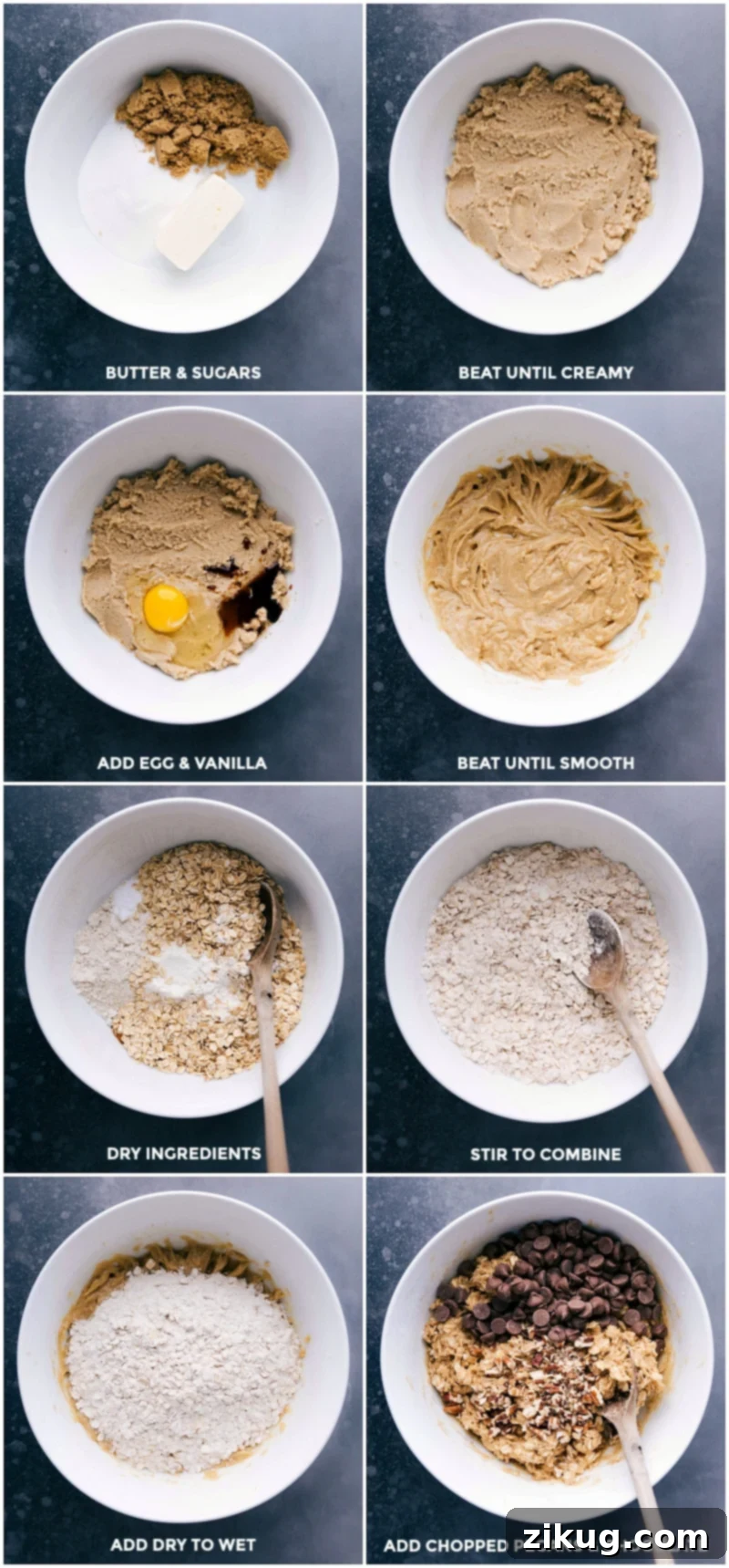 Step-by-step process of preparing oatmeal pecan cookie dough: beating butter and sugars until creamy, adding egg and vanilla, combining dry ingredients with wet, then folding in chopped pecans and chocolate chips.