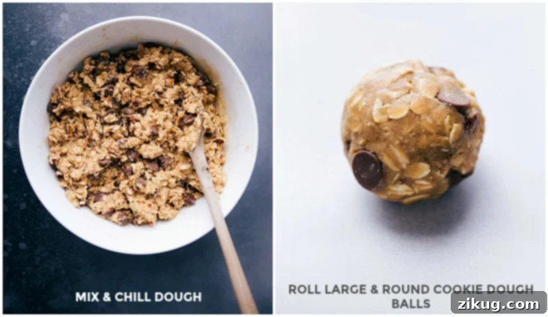 Cookie dough prepared and ready for the chilling process, followed by dough rolled into large, uniform balls, awaiting baking.