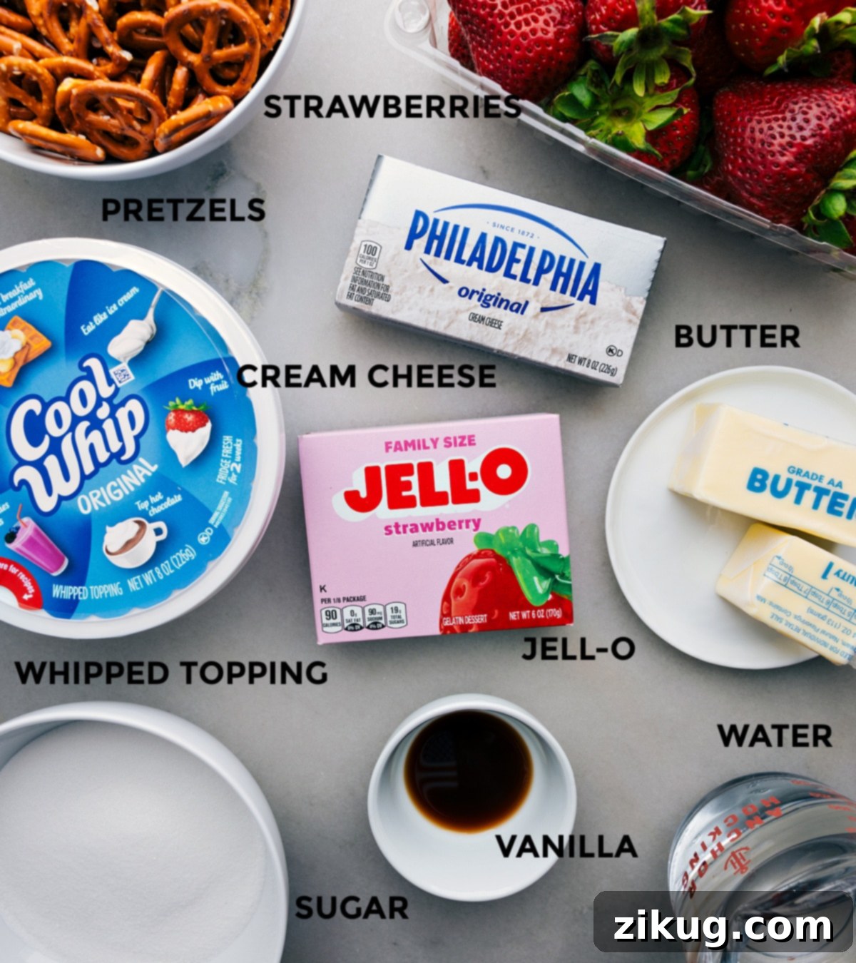Ingredients In Strawberry Pretzel Salad Ingredients in this recipe prepped out for easy assembly.