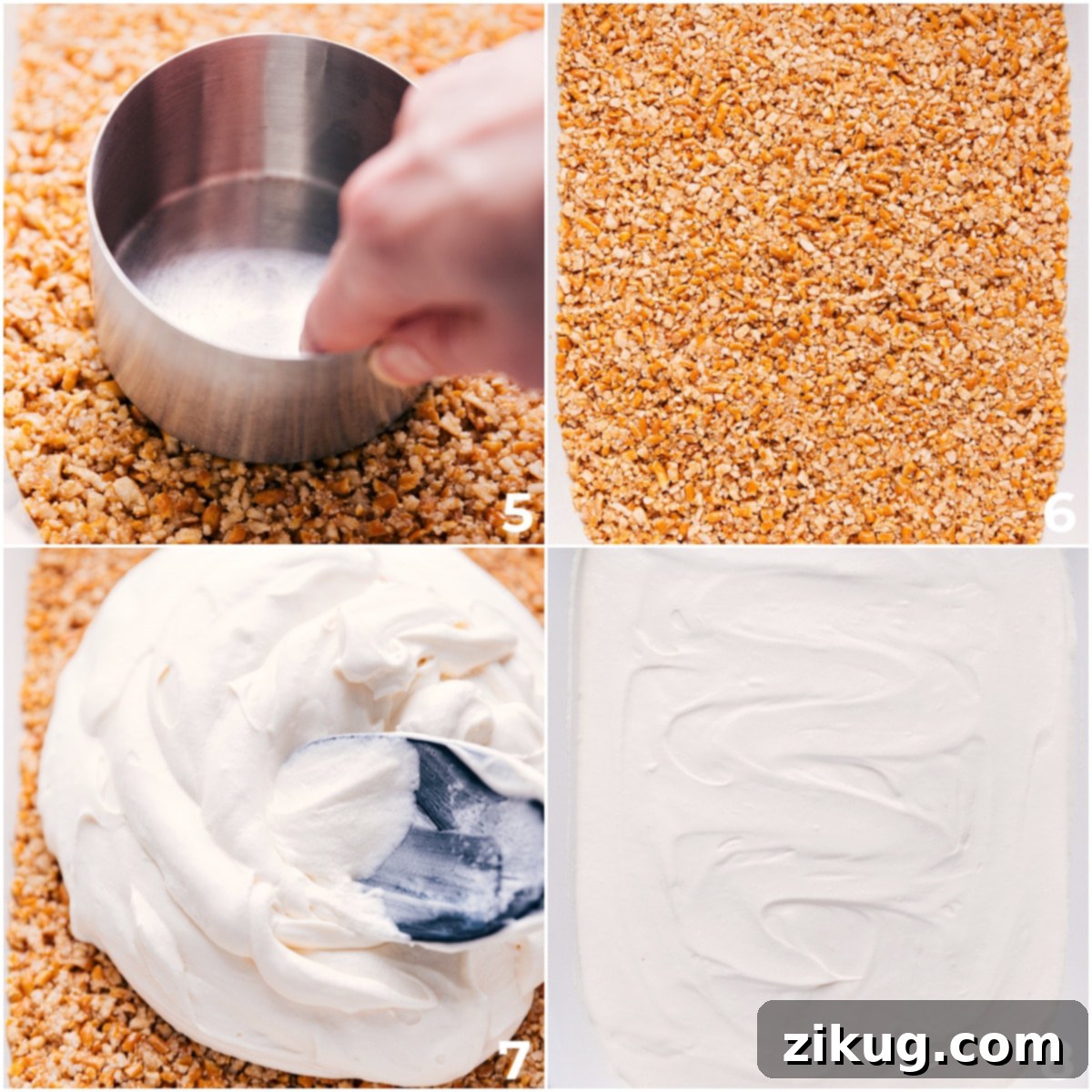 Layering In Cool Whip On the Strawberry Pretzel Salad The whipped cream layer being added on top of the crust.