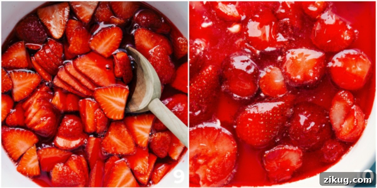 Favorite Strawberry Pretzel Salad The strawberries being added to the jello and it being layered on top of the whipped cream layer in the strawberry pretzel salad.