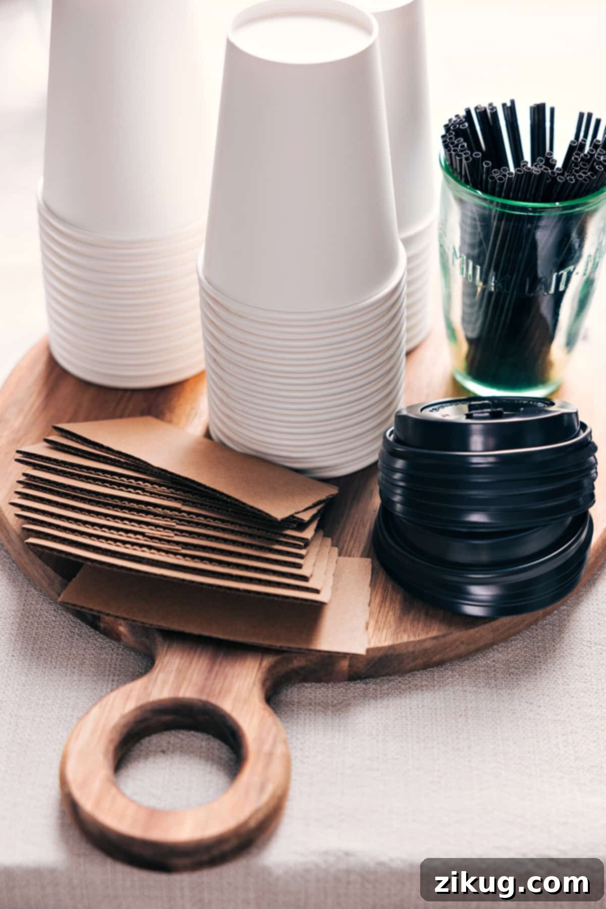 Ready-to-Go: Hot Chocolate Cup Ensemble Array of hot chocolate cups with lids alongside a selection of straws displayed on a board.