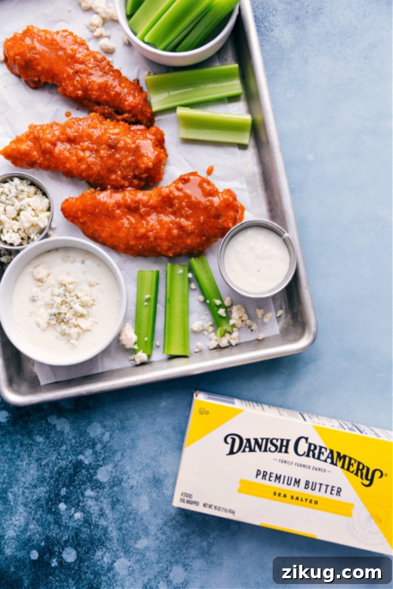 Overhead image of the Buffalo Chicken Tenders served with blue cheese and celery
