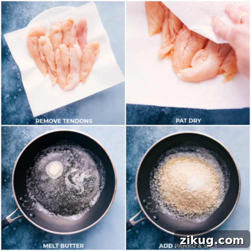 Process shots of raw chicken tenders being prepped and Panko breadcrumbs being toasted in a skillet