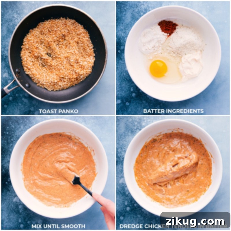 Process shots of the batter ingredients being mixed and chicken being dredged in the batter