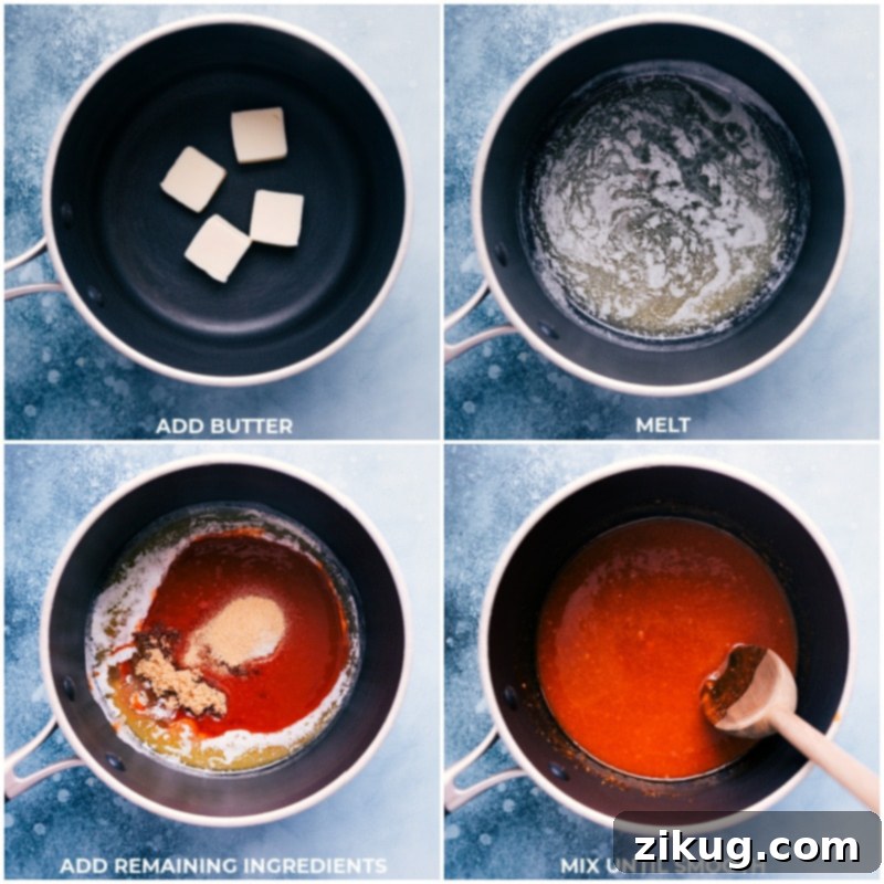 Process shots of butter and other sauce ingredients being melted and mixed in a pot