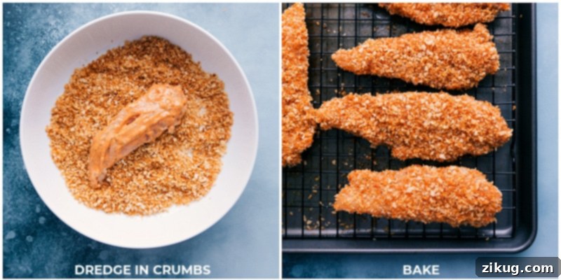 Process shots of chicken being dredged in toasted Panko breadcrumbs