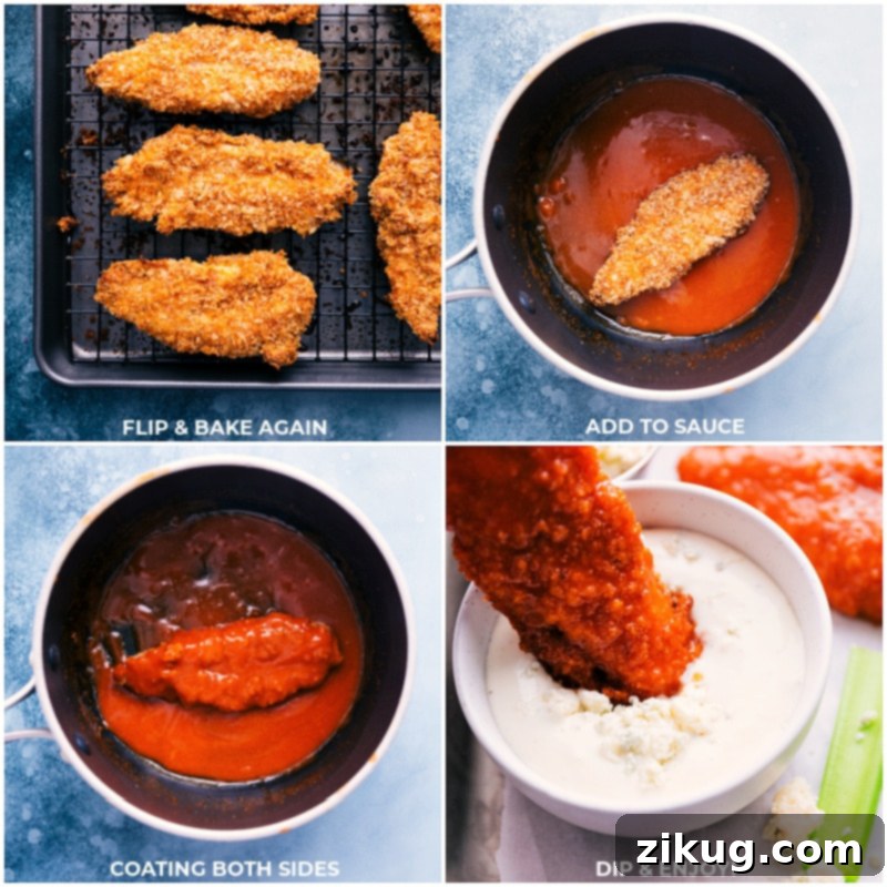 Process shots of Buffalo Chicken Tenders being tossed in Buffalo sauce
