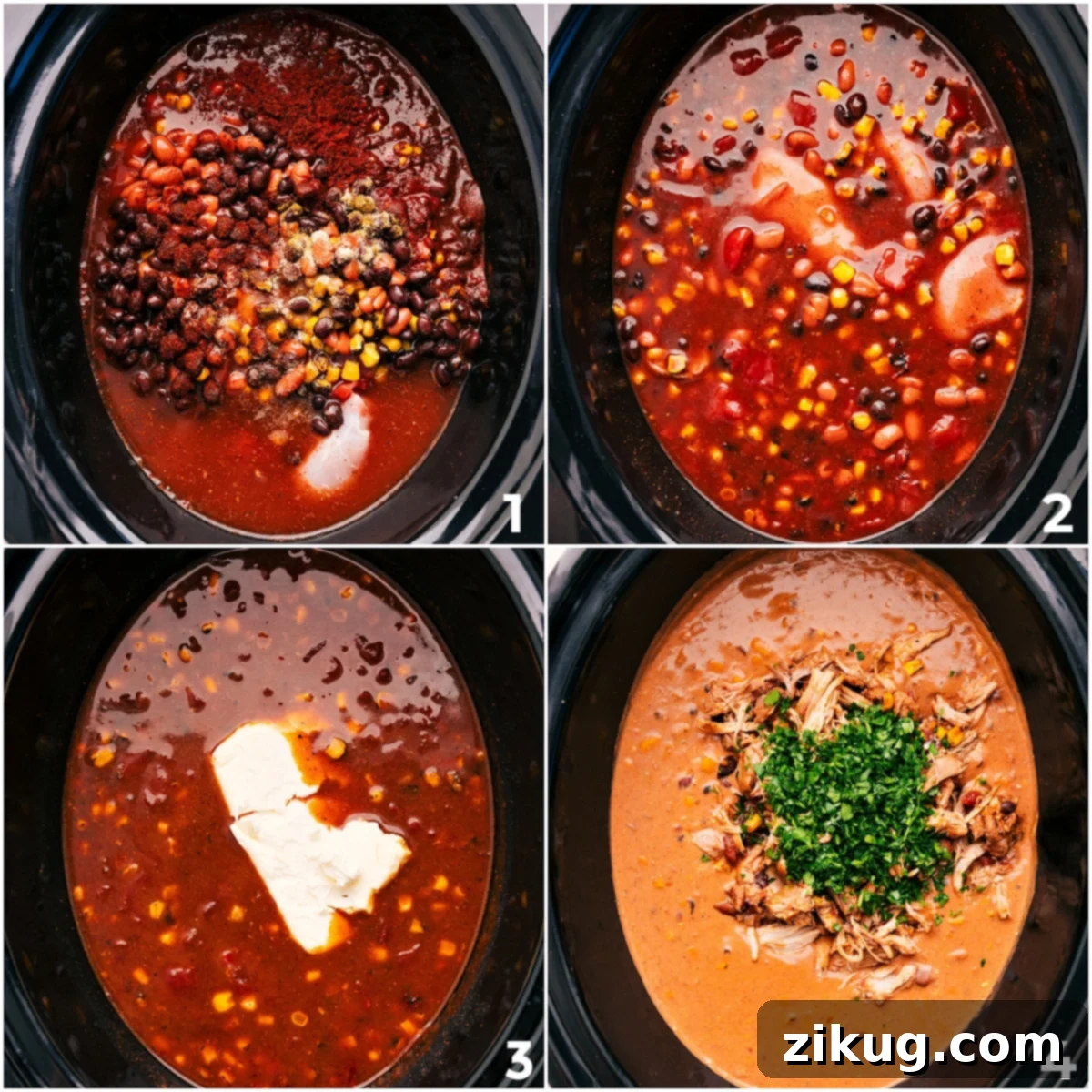 Effortless Preparation for Homemade Slow Cooker Chicken Chili Step-by-step assembly of creamy chicken chili: all ingredients are added to the Crockpot, slow-cooked, chicken is shredded, and then cream cheese and cilantro are stirred in.