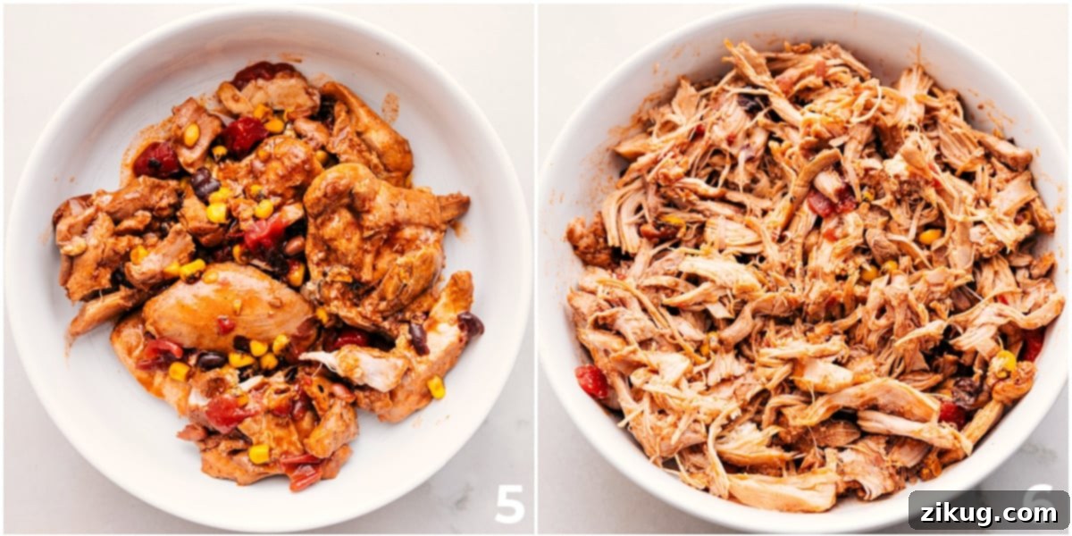 How to Shred Chicken for Creamy Crockpot Chicken Chili Shredded tender chicken being returned to the slow cooker to mix into the creamy chili base.