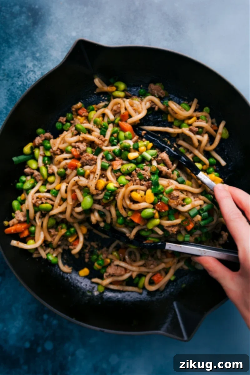 Delicious Udon Stir Fry: Thick noodles, savory meat, and fresh veggies in an amazing sauce – perfect for a quick family dinner. Overhead shot of a delicious Udon Stir Fry with thick noodles, ground meat, and various vegetables, garnished with green onions and sesame seeds.