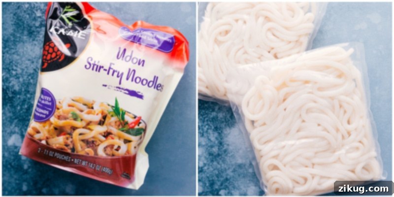 Hearty and flavorful Udon Stir Fry with thick, chewy udon noodles, ground meat, and fresh vegetables in a delicious sauce, perfect for a quick family meal. Close-up of thick, chewy Udon noodles, the key ingredient for this flavorful stir fry dish.