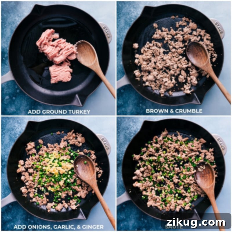 Creating the flavorful foundation for Udon Stir Fry: Browning ground turkey and sautéing aromatics like onion, garlic, and ginger. Process images showing ground turkey browning in a pan, followed by the addition of chopped onions, garlic, and ginger for a flavorful base.