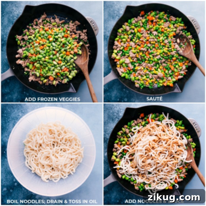 The final steps of Udon Stir Fry: Adding colorful frozen vegetables, perfectly cooked noodles, and the signature sauce, then tossing to coat every ingredient. Process shots showing the addition of frozen vegetables, followed by the cooked Udon noodles and rich stir fry sauce, all being tossed together in a pan.