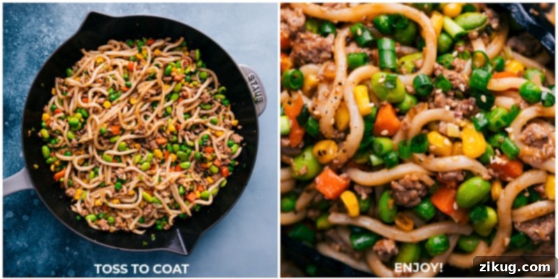 The perfect Udon Stir Fry, freshly tossed with its savory sauce and ready to be enjoyed as a quick, delicious, and satisfying meal. Finishing shot of Udon Stir Fry, showing all ingredients tossed together and coated in the glossy sauce, ready to serve.
