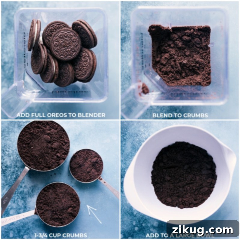 Process shots showing whole Oreo cookies being blended into fine crumbs in a food processor, then transferred to a large mixing bowl.