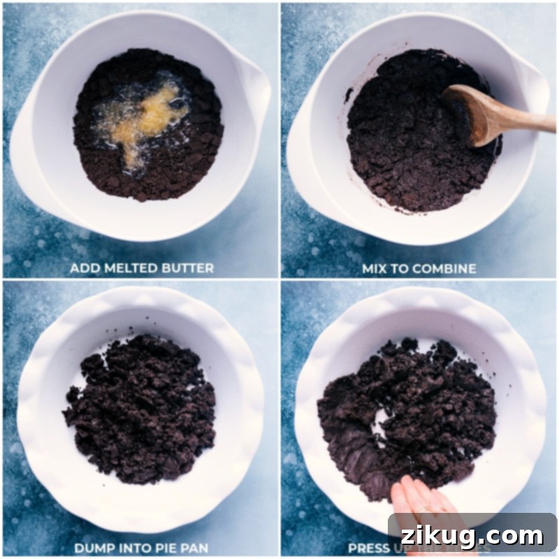 Process shots showing melted butter being added to Oreo crumbs, followed by mixing and pressing the mixture into a pie pan to form the crust.