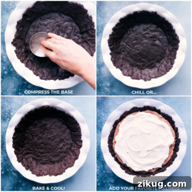 Process shots demonstrating a baked Oreo crust, followed by an image of a finished pie with filling being added.