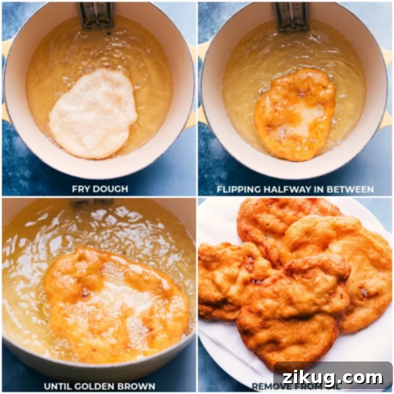 The Fry Bread dough is deep fried in oil and can be enjoyed right out of the oil or with various toppings -- sweet or savory. This easy recipe from Chelsea's Messy Apron ensures the best homemade results. #fried #best #quick #easy #simple #carnival #fry #bread #frybread Process shots showing shaped Fry Bread dough gently frying in hot oil until golden brown and puffed, illustrating the cooking stage.