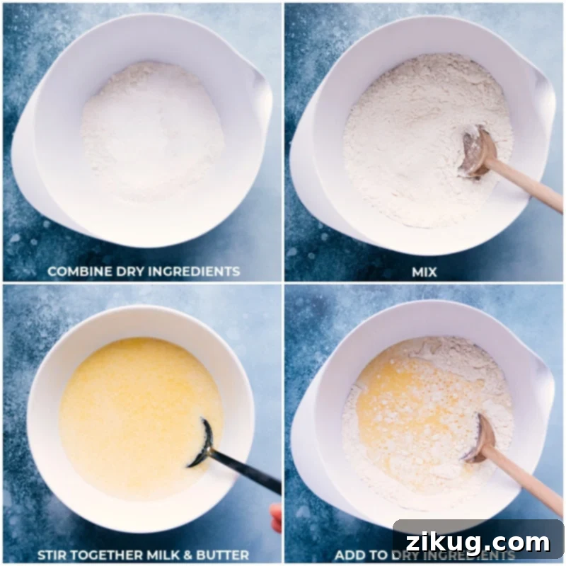 Process shots showing wet and dry ingredients being mixed together for Utah Scones dough