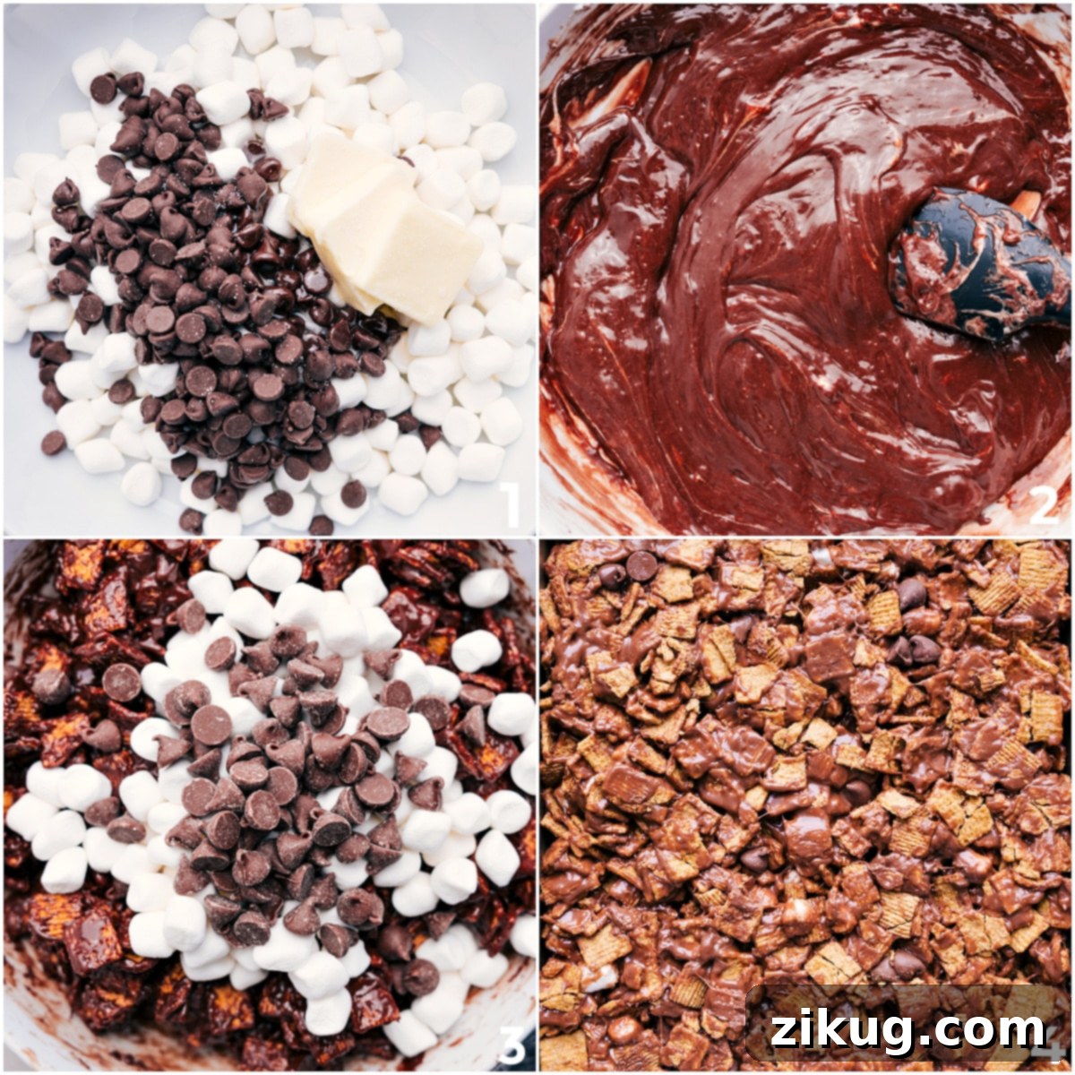 How to Assemble Delicious S'mores Cereal Bars A visual guide to making S'mores Cereal Bars: showing melted marshmallows, chocolate, and butter being mixed into graham cereal, with extra chocolate and marshmallows, then pressed into a baking pan.