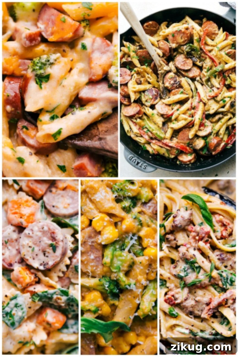 50 Flavorful Frugal Pasta Dinners 11 Collage of delicious Sausage Pasta Recipes, featuring savory sausage and pasta dishes.