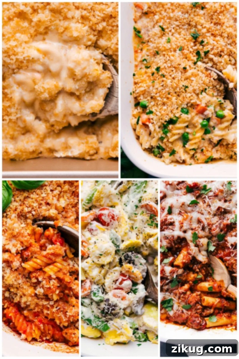 50 Flavorful Frugal Pasta Dinners 3 Collage of various Pasta Casserole Recipes, showcasing cheesy baked dishes perfect for family meals.