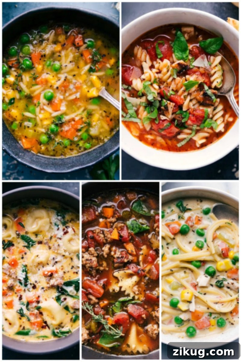 50 Flavorful Frugal Pasta Dinners 4 Collage of delicious Pasta Soup Recipes, perfect for a cozy meal.