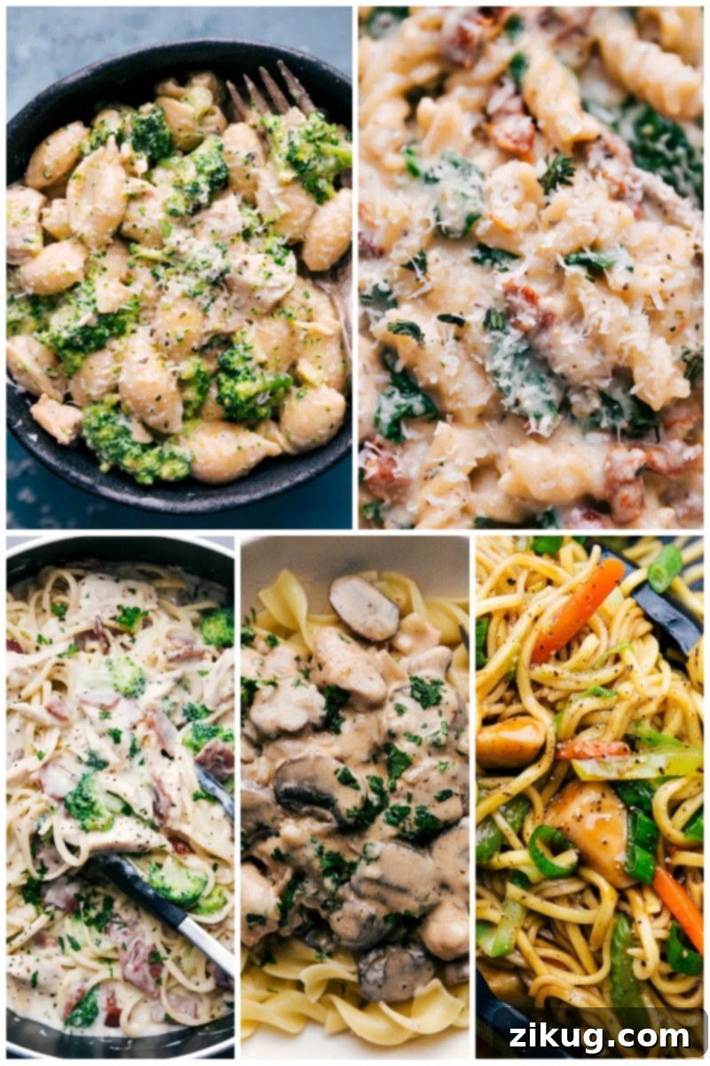 50 Flavorful Frugal Pasta Dinners 5 Collage of various Chicken Pasta Recipes, featuring creamy and savory chicken and noodle dishes.