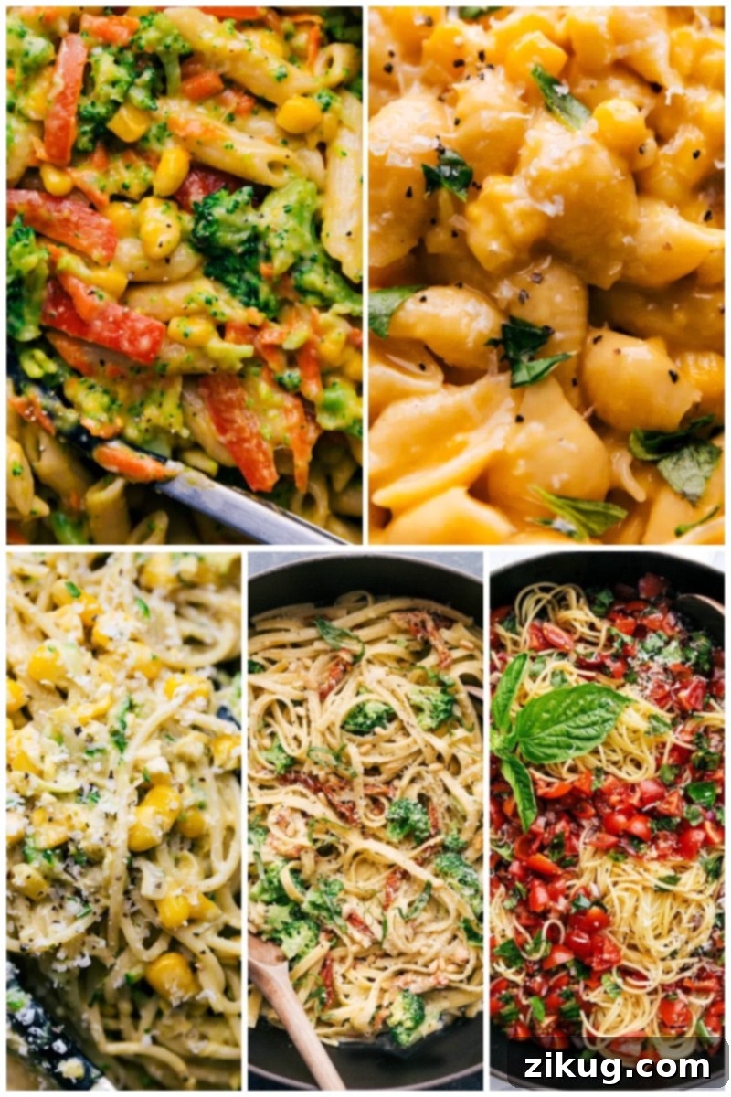 50 Flavorful Frugal Pasta Dinners 7 Collage of delicious Vegetarian Pasta Recipes, showcasing fresh and healthy meatless pasta options.