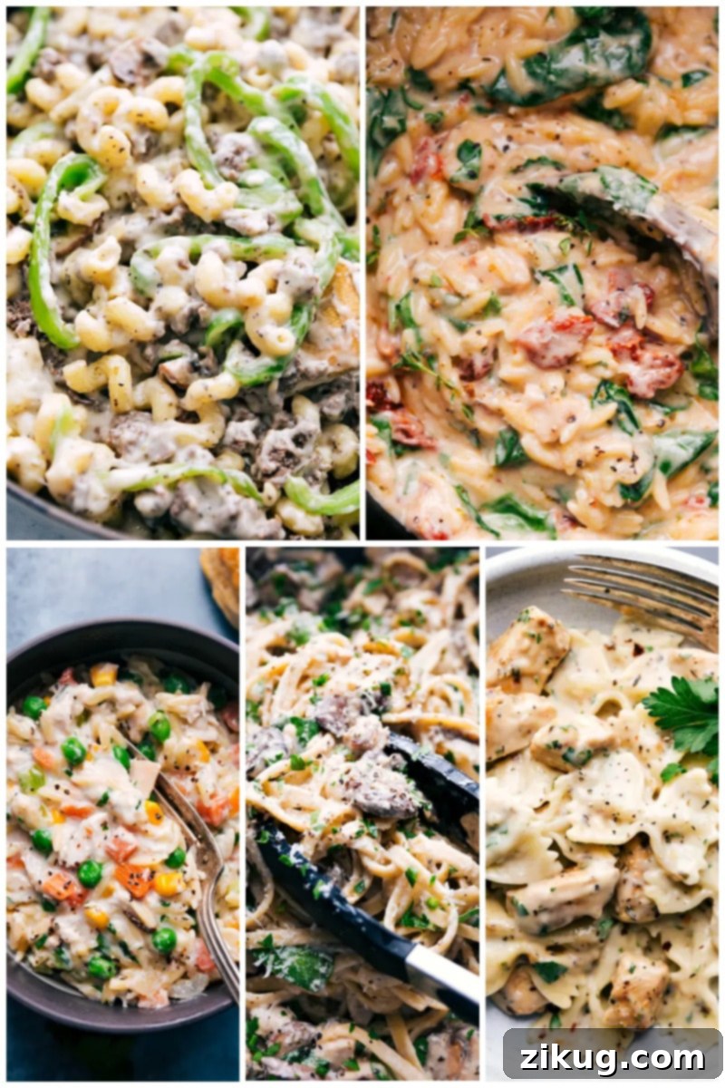 50 Flavorful Frugal Pasta Dinners 9 Collage of various Creamy Pasta Comfort Recipes, highlighting rich and indulgent pasta dishes.