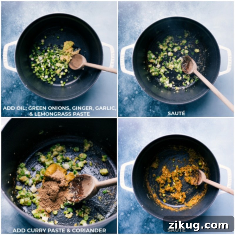 Step-by-step images showing oil, green onions, ginger, garlic, lemongrass, green curry paste, and coriander being added to a pot and sautéed to build the flavor base for the soup.