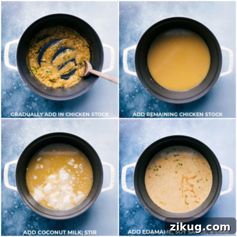 Process shots of Green Curry Noodle Soup development, showing chicken stock, creamy coconut milk, vibrant edamame, savory soy sauce, and a squeeze of fresh lime being added to the simmering broth.