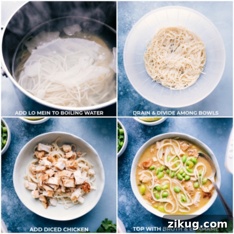 Process shots of the Green Curry Noodle Soup, showing cooked lo mein noodles and diced chicken being added to individual bowls, ready to be topped with the aromatic curry broth.