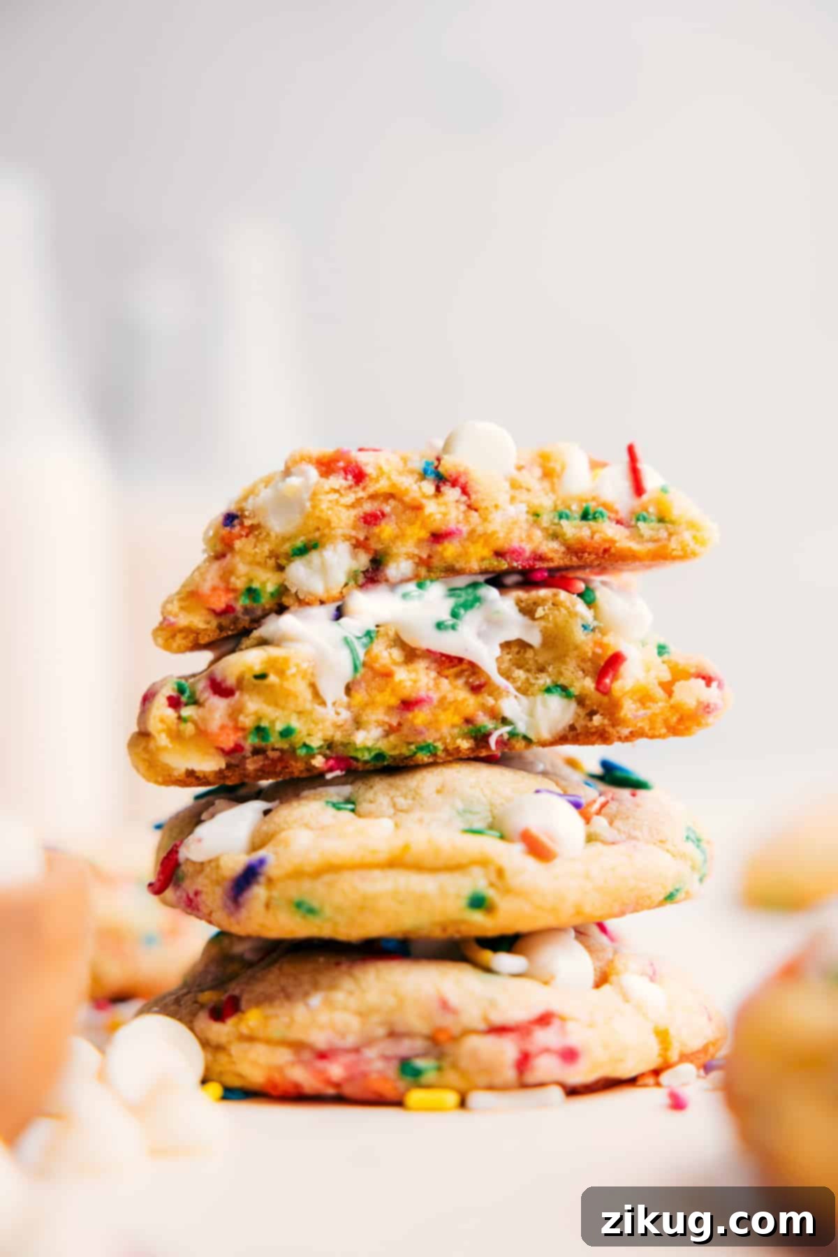 Delicious Stack of Cake Batter Cookies with Colorful Sprinkles Stacked Cake Batter Cookies with Colorful Sprinkles, ready to be enjoyed.