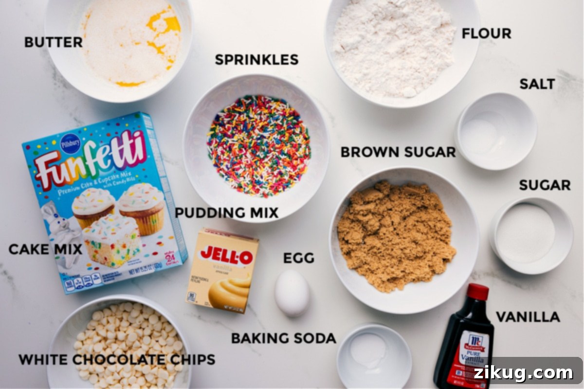 Key Ingredients for Cake Batter Cookies All the essential ingredients for Cake Batter Cookies laid out: butter, cake mix, sprinkles, pudding mix, flour, salt, sugar, brown sugar, vanilla, baking soda, and white chocolate chips.