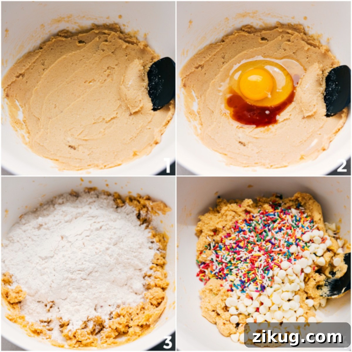 Batter Up Cookies 2 The cake batter cookie dough being mixed, showing the wet and dry ingredients combined, followed by the addition of colorful sprinkles and white chocolate chips.