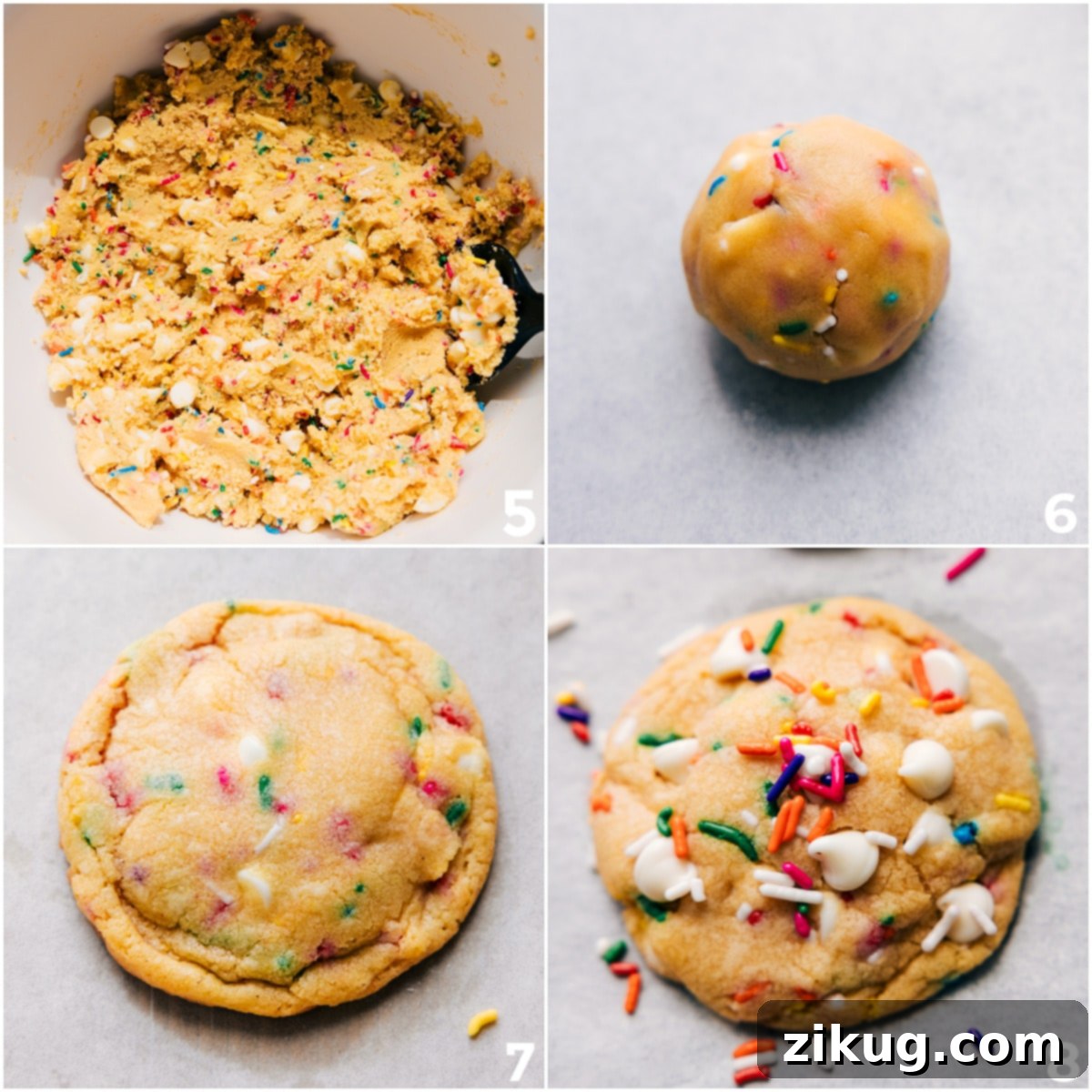 Chewy And Delicious Cake Batter Cookies Recipe Freshly baked Cake Batter Cookies with sprinkles and white chocolate chips pressed into the top, showcasing a chewy and delicious texture.