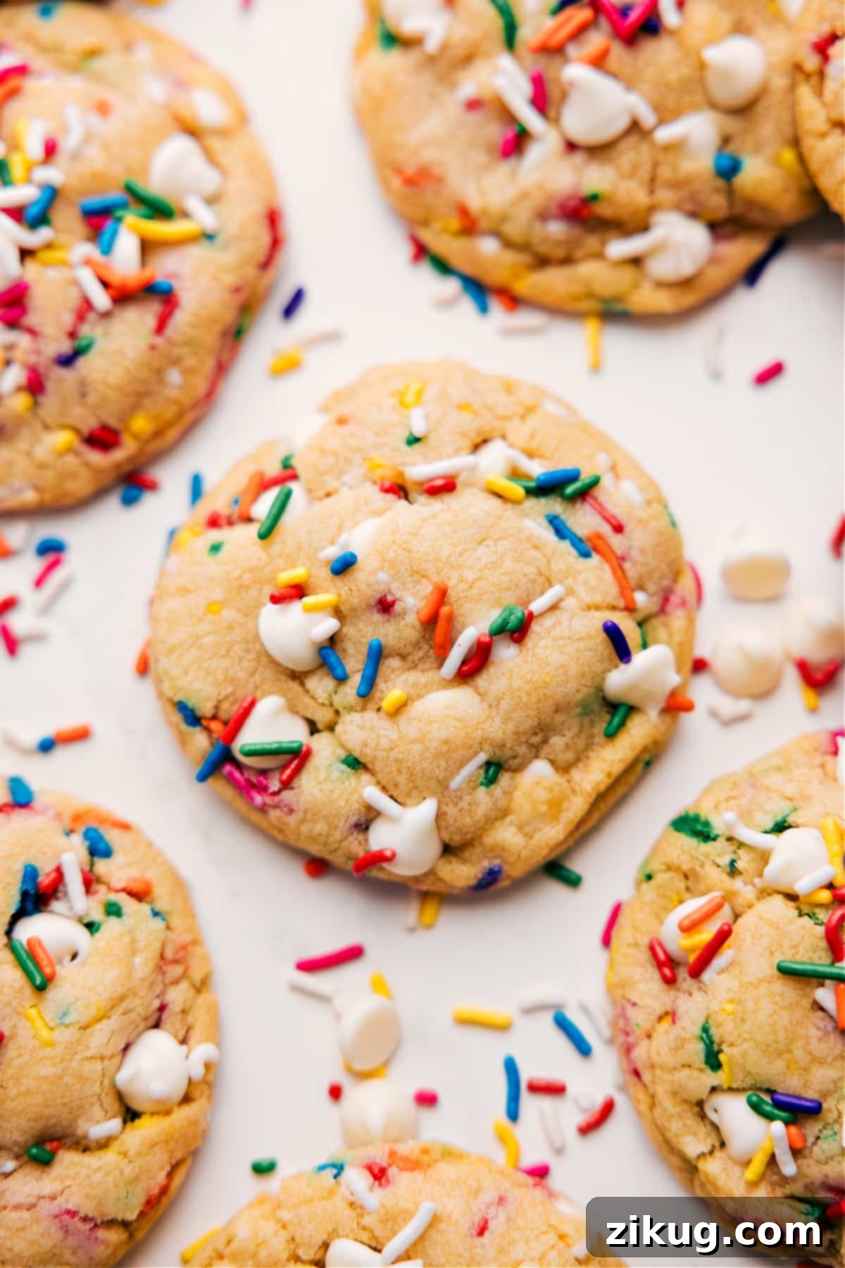 Colorful Sprinkle Cake Batter Cookies Cake batter cookies fresh out of the oven, adorned with extra sprinkles on top for a festive finish.