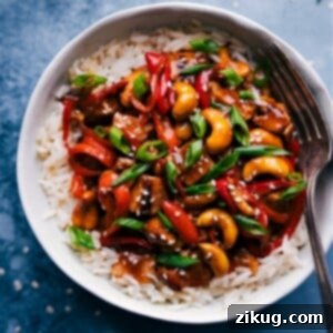 Crispy Cashew Chicken Delight 3 A close-up of a delicious bowl of Cashew Chicken with the recipe card details.