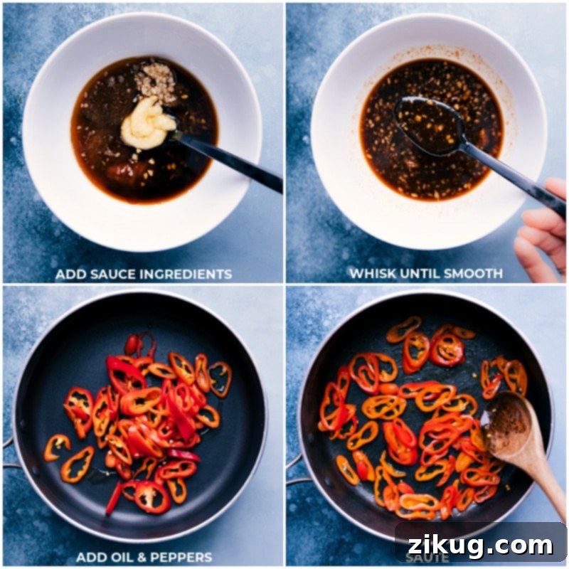 How to Make Cashew Chicken Illustrative steps for making Cashew Chicken: first, the savory sauce is whisked in a bowl; then, vibrant red peppers are sautéing in a hot skillet, preparing for the chicken.