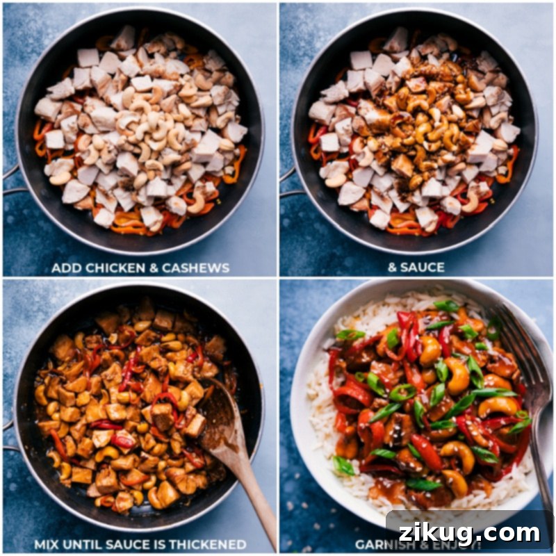 Finish Making Cashew Chicken and Serve Cooked chicken and roasted cashews are added to the skillet, mingling with sautéed peppers and the rich cashew chicken sauce.