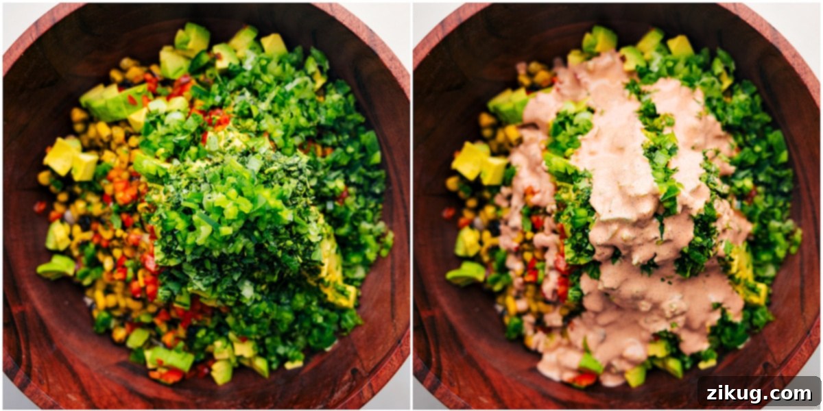 Combining all the ingredients and dressing in one large bowl for this recipe.