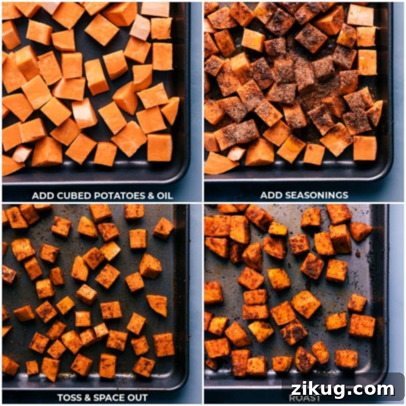 Process images showing sweet potatoes being seasoned with spices and olive oil on a baking sheet before roasting