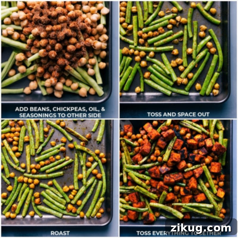 Process images showing green beans, chickpeas, and sweet potatoes tossed with spices and olive oil on a large sheet pan, ready for roasting