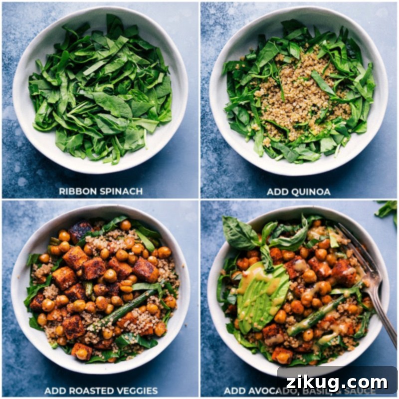 Final assembly process of a Nourish Bowl, showing spinach, quinoa, roasted vegetables, avocado, and fresh basil being topped with the hot honey mustard sauce
