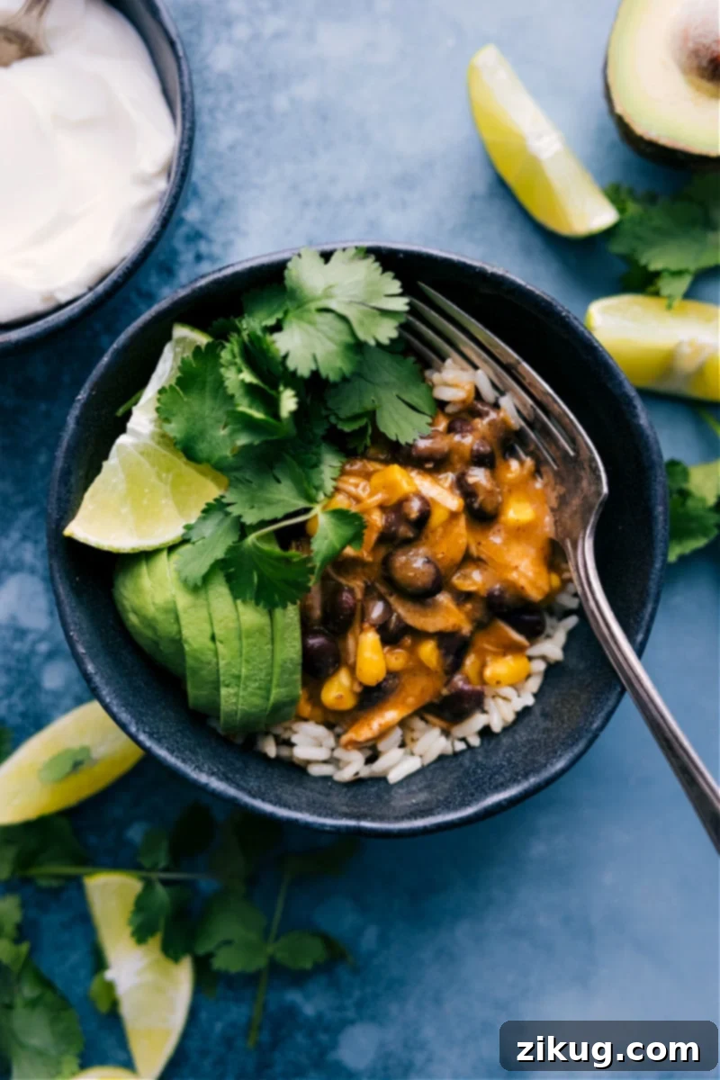 Overhead image of Salsa Verde Chicken served in a bowl with fresh toppings