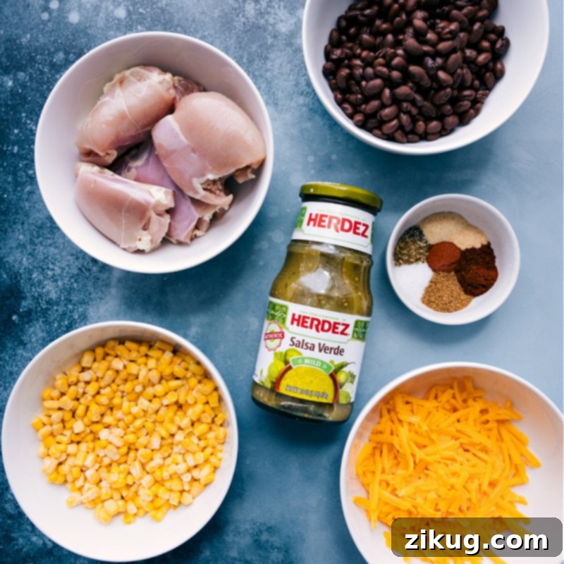 Ingredient shot showing a jar of salsa verde, chicken thighs, spices, black beans, corn, and cheese
